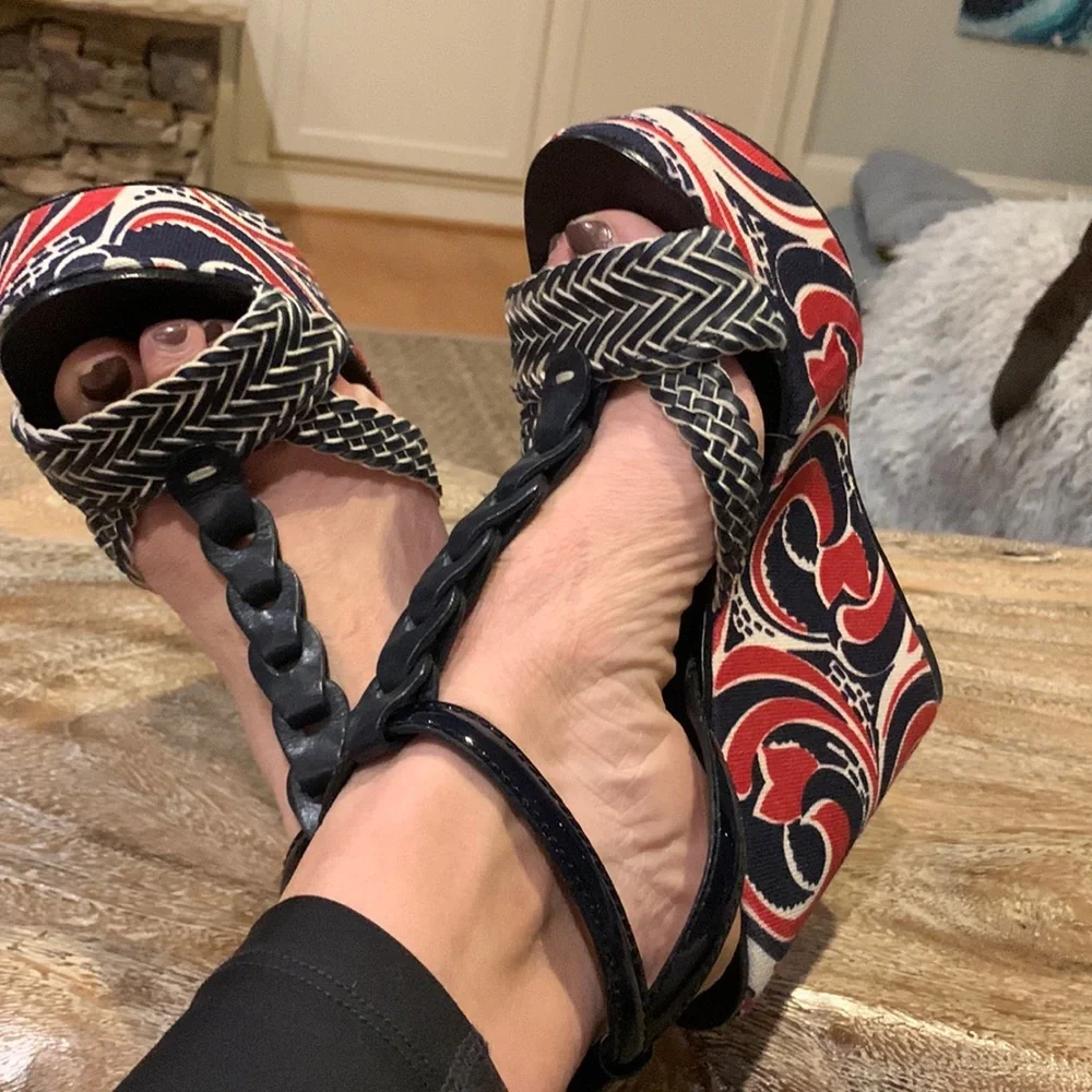 Tory Burch wedge sandals- navy and red design- 7.5